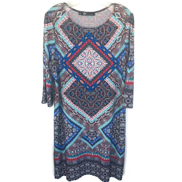 Women Dress Knit Sz 16 Be by Chetta Black Multi Print Half Sleeve Midi Colorful - Picture 1 of 8